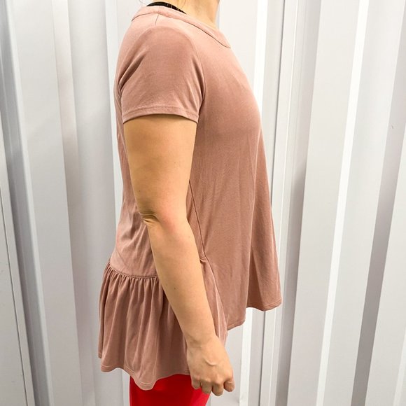 Nordstrom S Hi/Lo Ruffle Back Hem Tee Short Sleeve Shirt Pink Tan - Picture 4 of 10